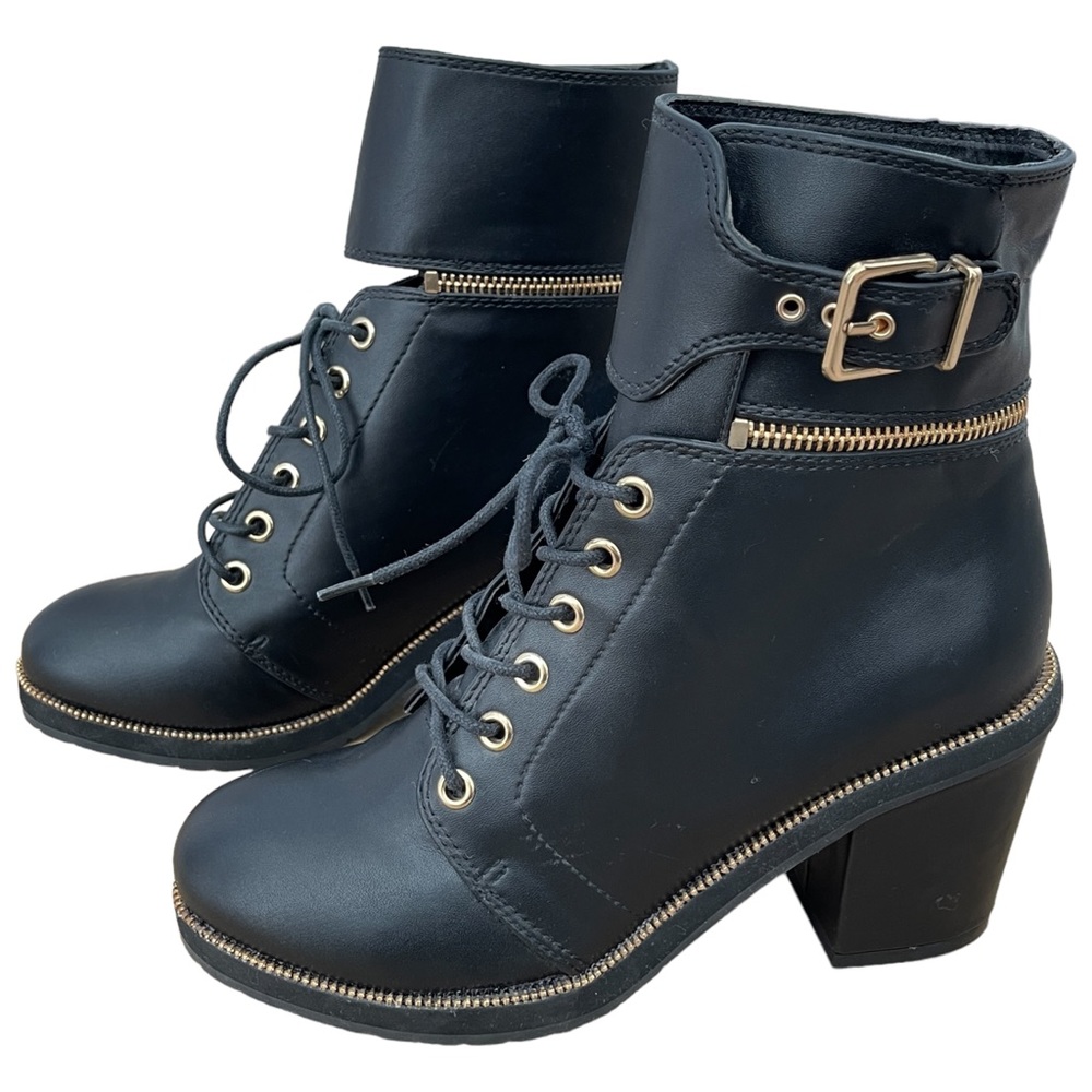 EXPRESS Zipper Heel Runway Black Faux Leather Moto Boots / NWOT / Size 7.5